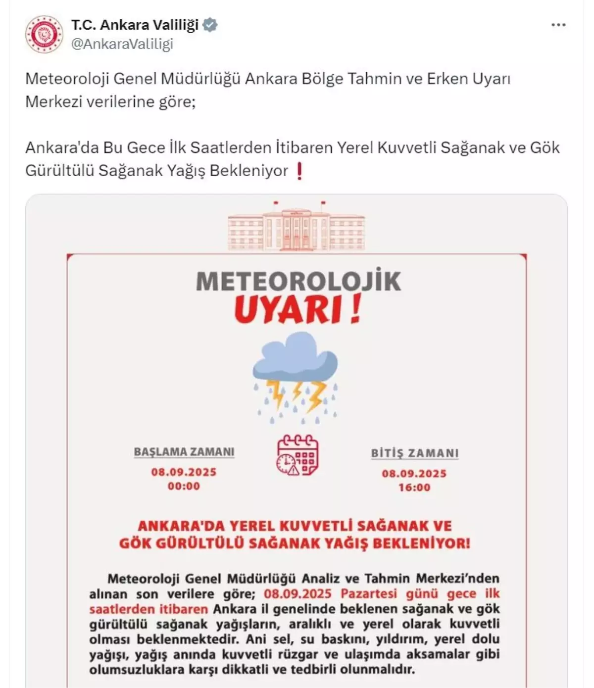 Ankara\'da Sağanak Yağış Uyarısı
