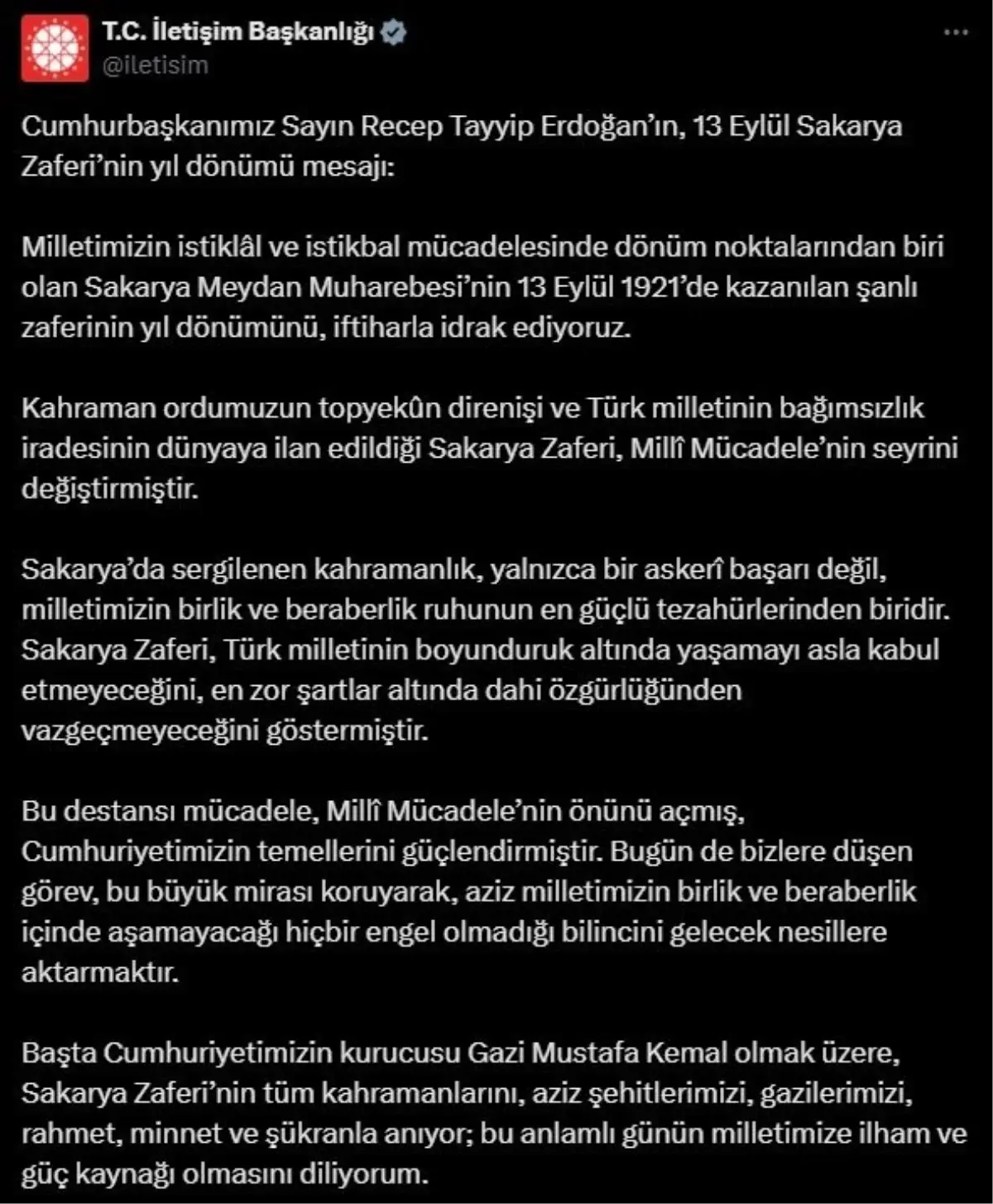 Cumhurbaşkanı Erdoğan\'dan 13 Eylül Sakarya Zaferi mesajı