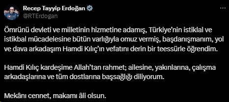 Cumhurbaşkanı Erdoğan'dan 'yol ve dava arkadaşım' dediği Hamdi Kılıç için taziye mesajı