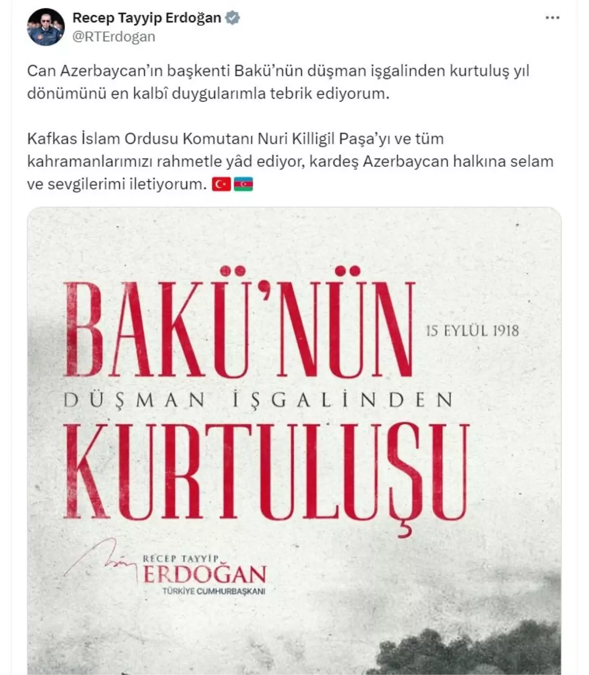 Cumhurbaşkanı Erdoğan, Bakü\'nün Kurtuluş Yıl Dönümünü Kutladı