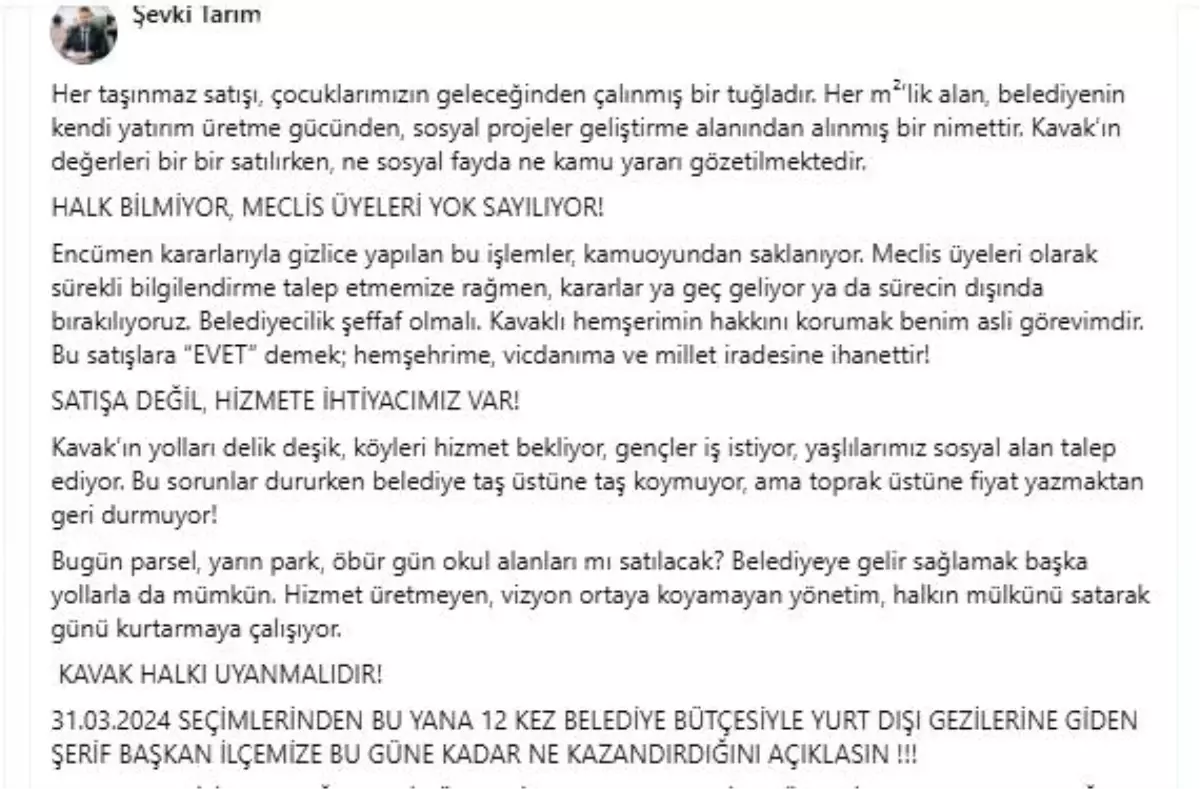 Şevki Tarım\'dan Kavak Belediyesi\'ne Eleştiri: \'Satışlar, Kamu Yararını Göz Ardı Ediyor\'