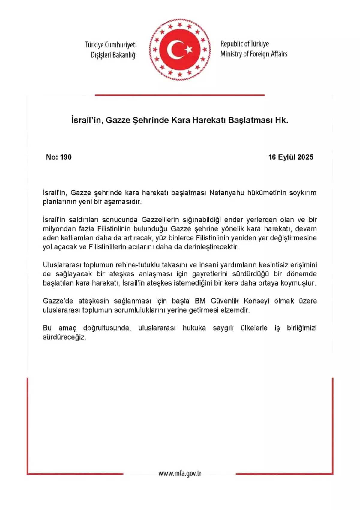 Dışişleri Bakanlığı\'ndan İsrail Açıklaması