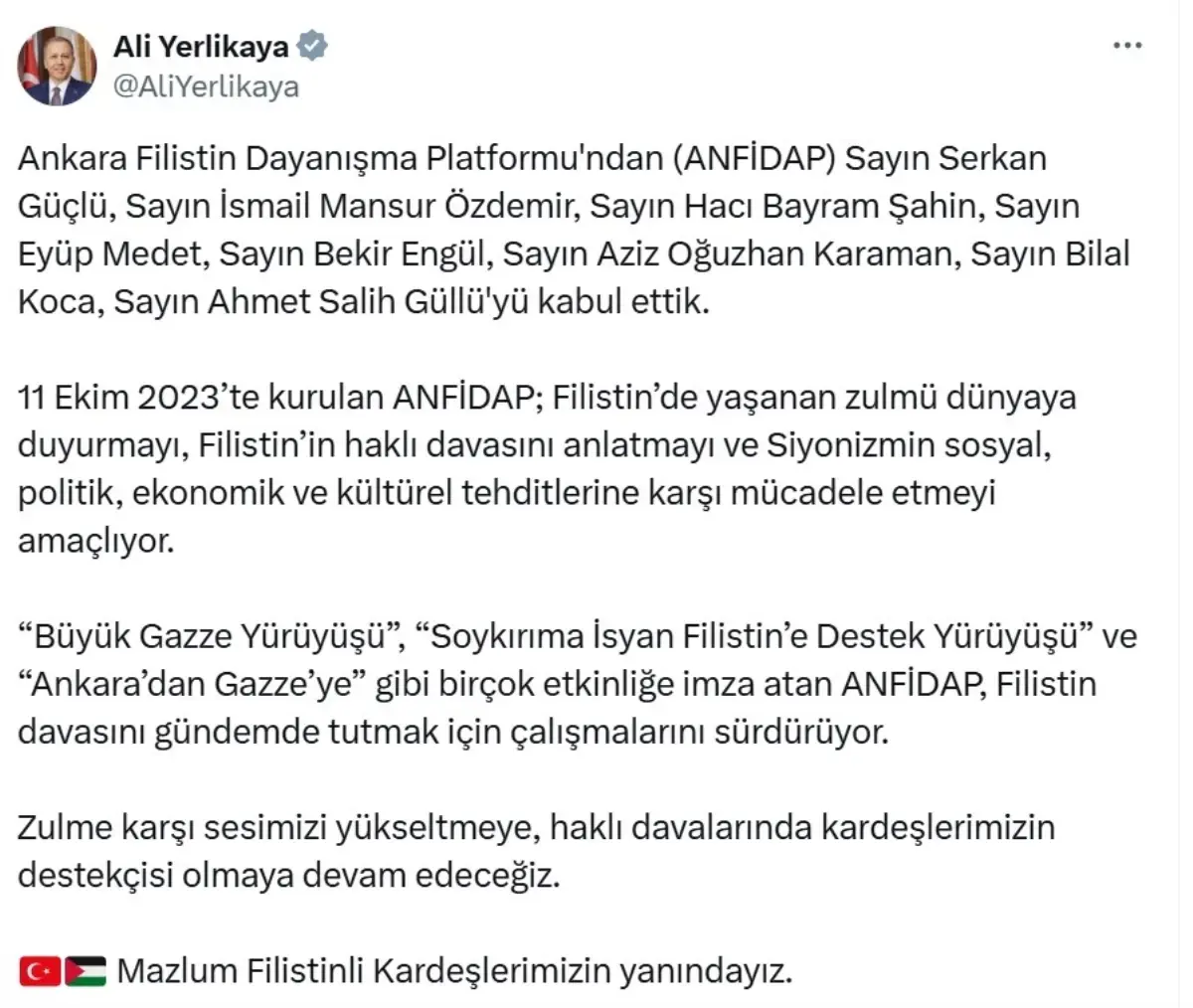 Yerlikaya, Filistin Dayanışma Platformu\'nu kabul etti