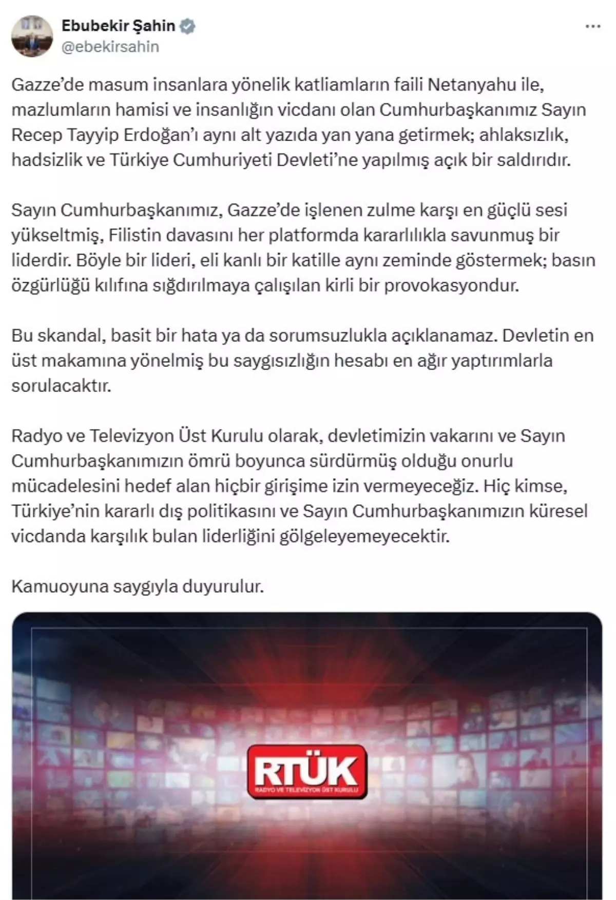 RTÜK Başkanı Şahin\'den Netanyahu ve Erdoğan Açıklaması