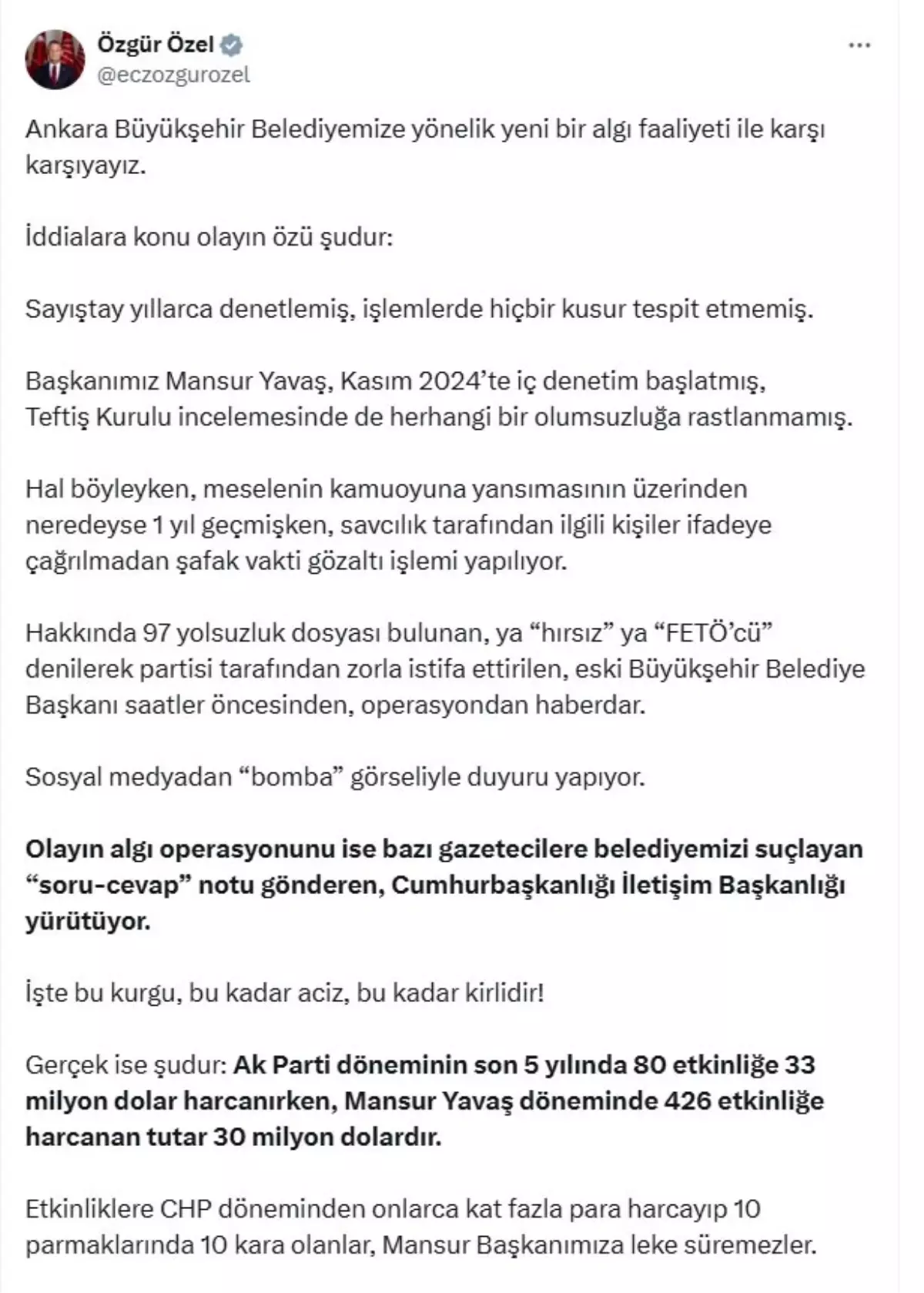 Özgür Özel\'den Mansur Yavaş\'a Destek