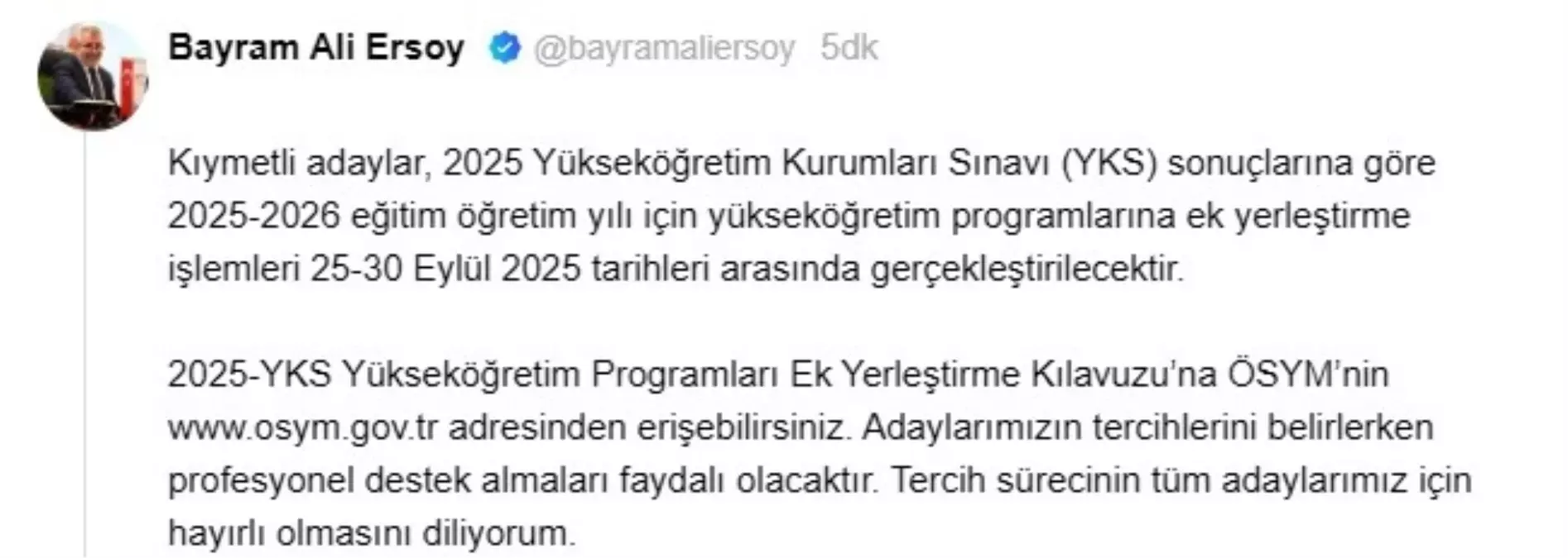 2025 Yükseköğretim Ek Yerleştirme Tarihleri Açıklandı