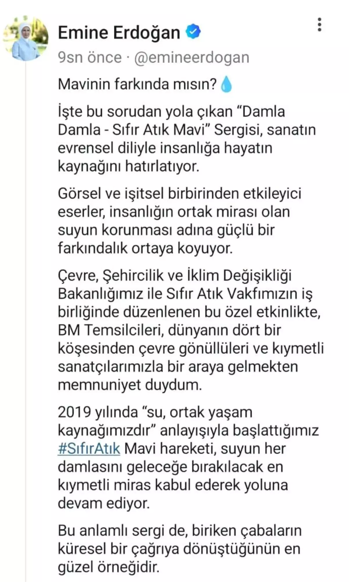 Emine Erdoğan\'dan New York\'ta açılan "Sıfır Atık Mavi-Damla Damla" sergisine ilişkin paylaşım