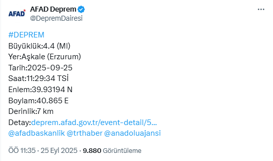 Erzurum'da korkutan deprem