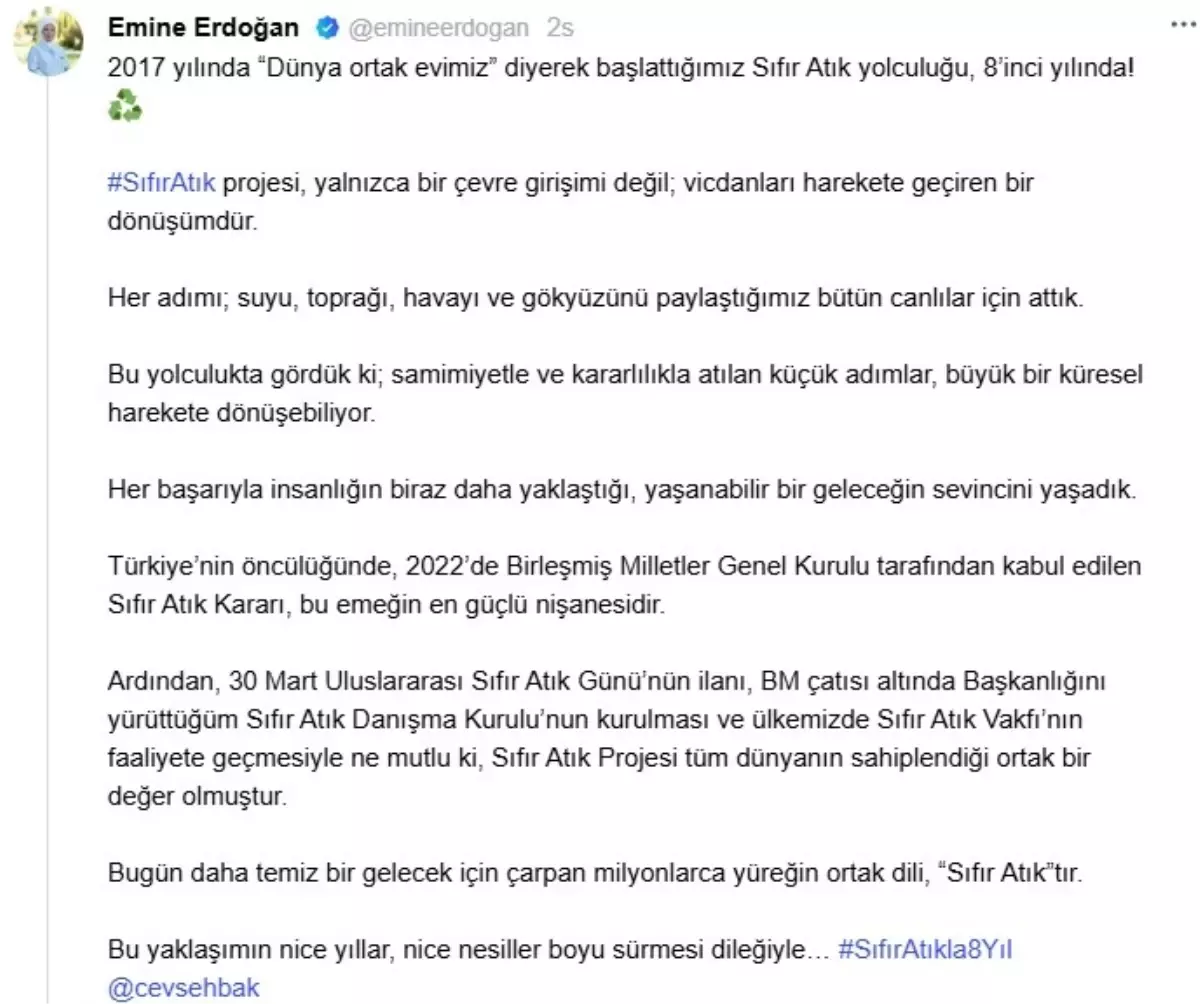 Emine Erdoğan\'dan \'Sıfır Atık Projesi\' paylaşımı