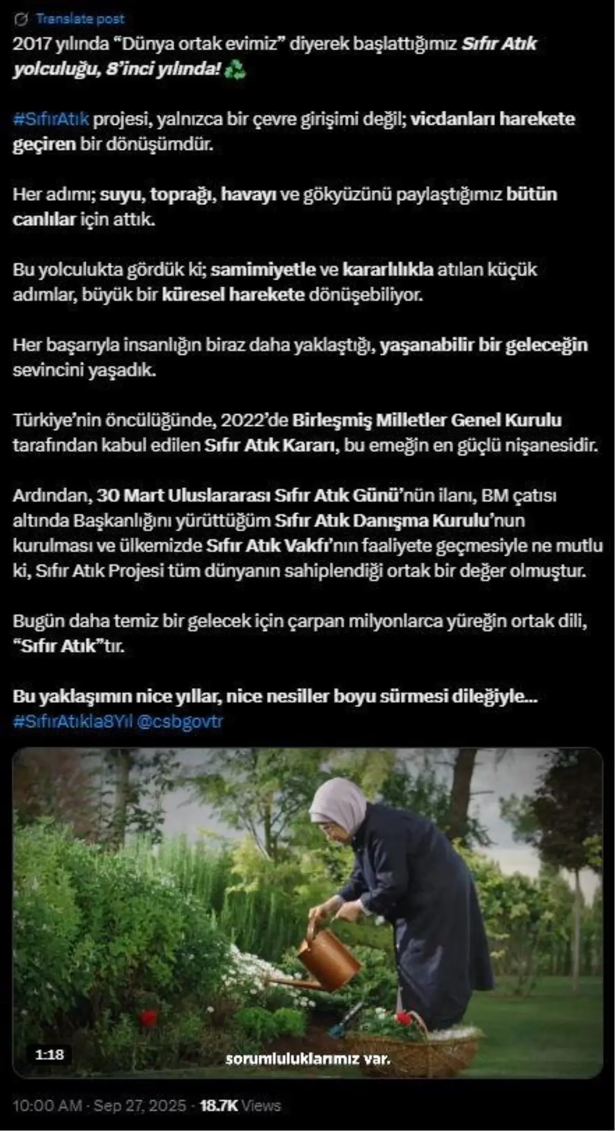 Emine Erdoğan\'dan "Sıfır Atık" projesinin yıl dönümüne ilişkin paylaşım