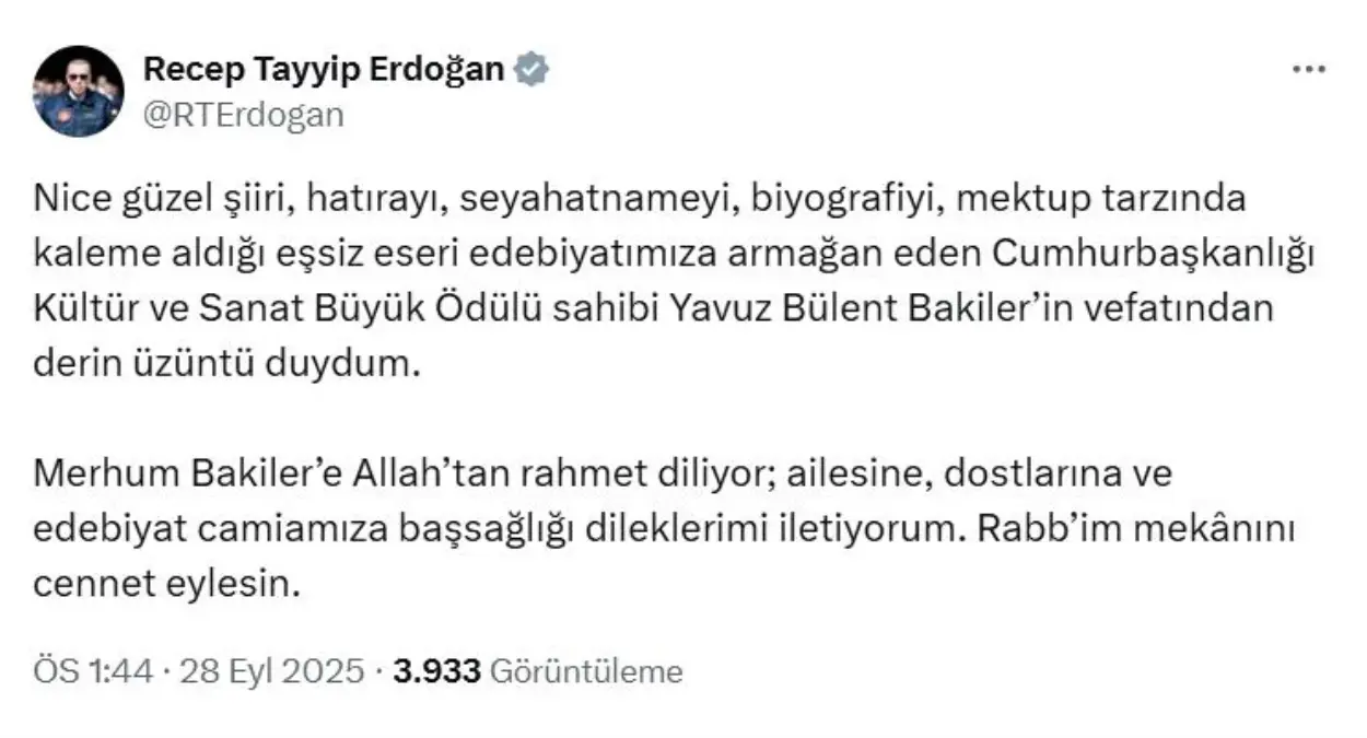 Erdoğan\'dan Yavuz Bülent Bakiler için Başsağlığı