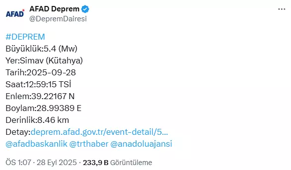 Kütahya'da 5.4 büyüklüğünde deprem! İstanbul ve İzmir'de de hissedildi