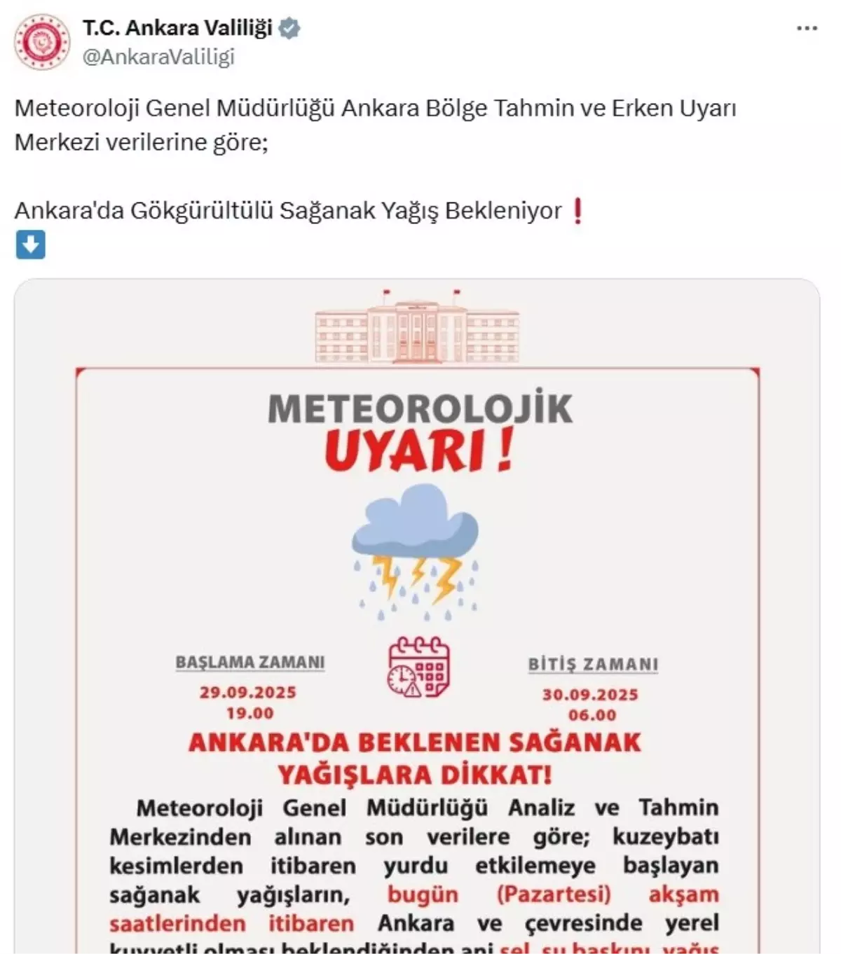Ankara\'da Sağanak Yağış Uyarısı