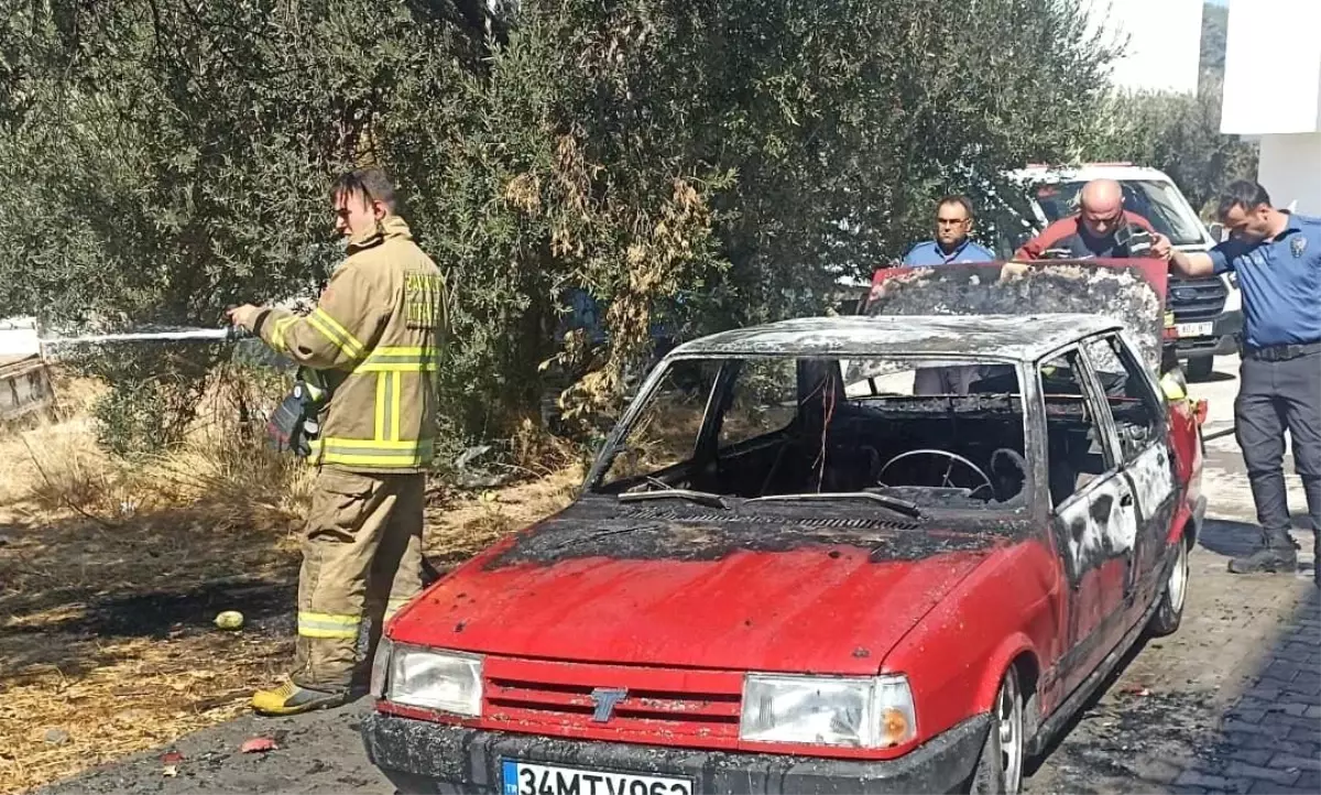 Edremit\'te Araç Yangını Otluk Alana Sıçradı