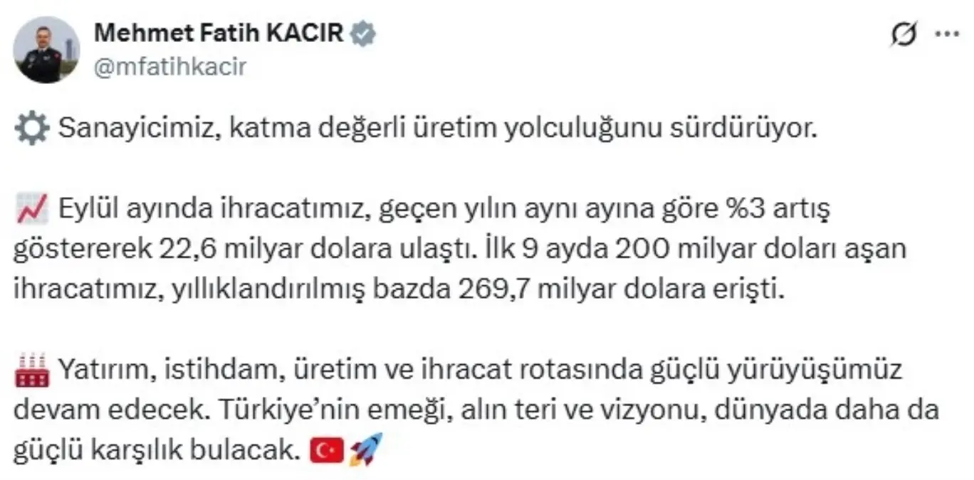 Eylül İhracatı %3 Artışla 22,6 Milyar Dolar