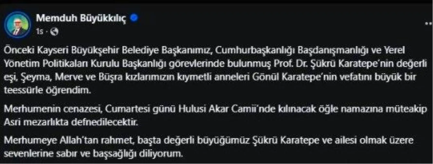 Prof. Dr. Şükrü Karatepe\'nin Eşi Gönül Karatepe Vefat Etti