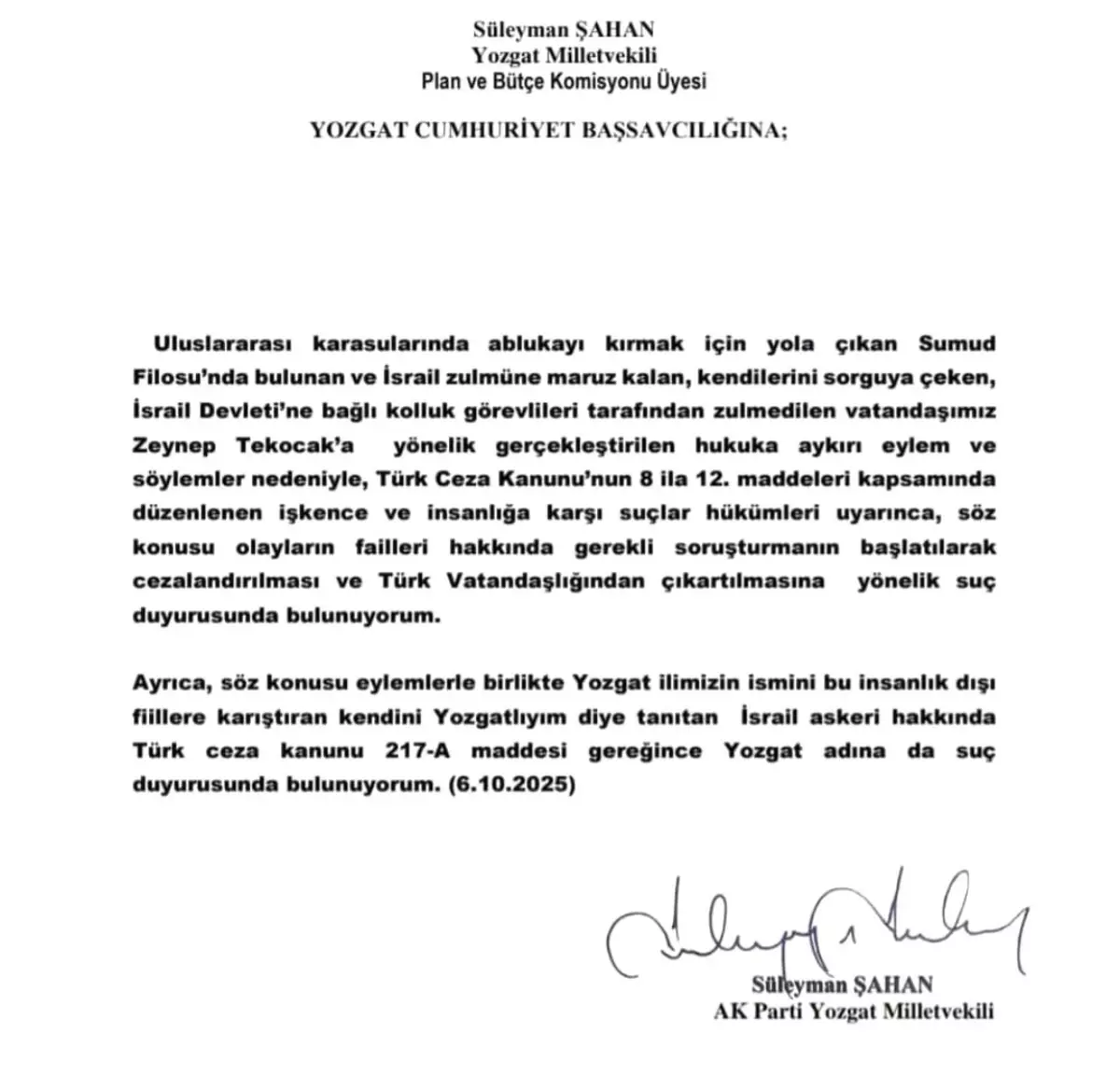 Yozgatlı İsrail Askerine Suç Duyurusu