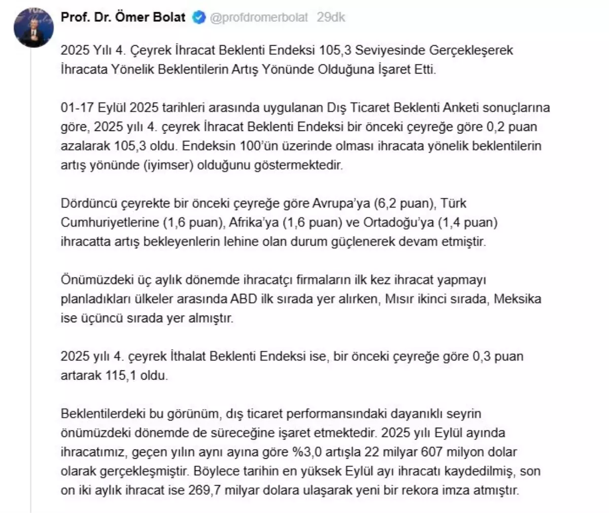 İhracat Beklenti Endeksi 105,3