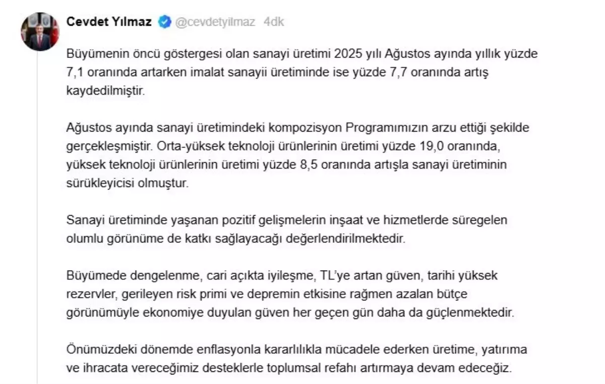 Sanayi Üretimi Ağustos\'ta Arttı