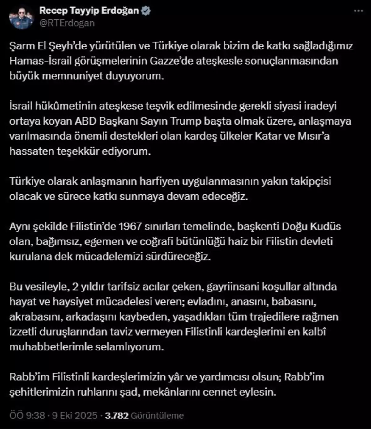 Erdoğan\'dan Gazze\'de Ateşkes Açıklaması