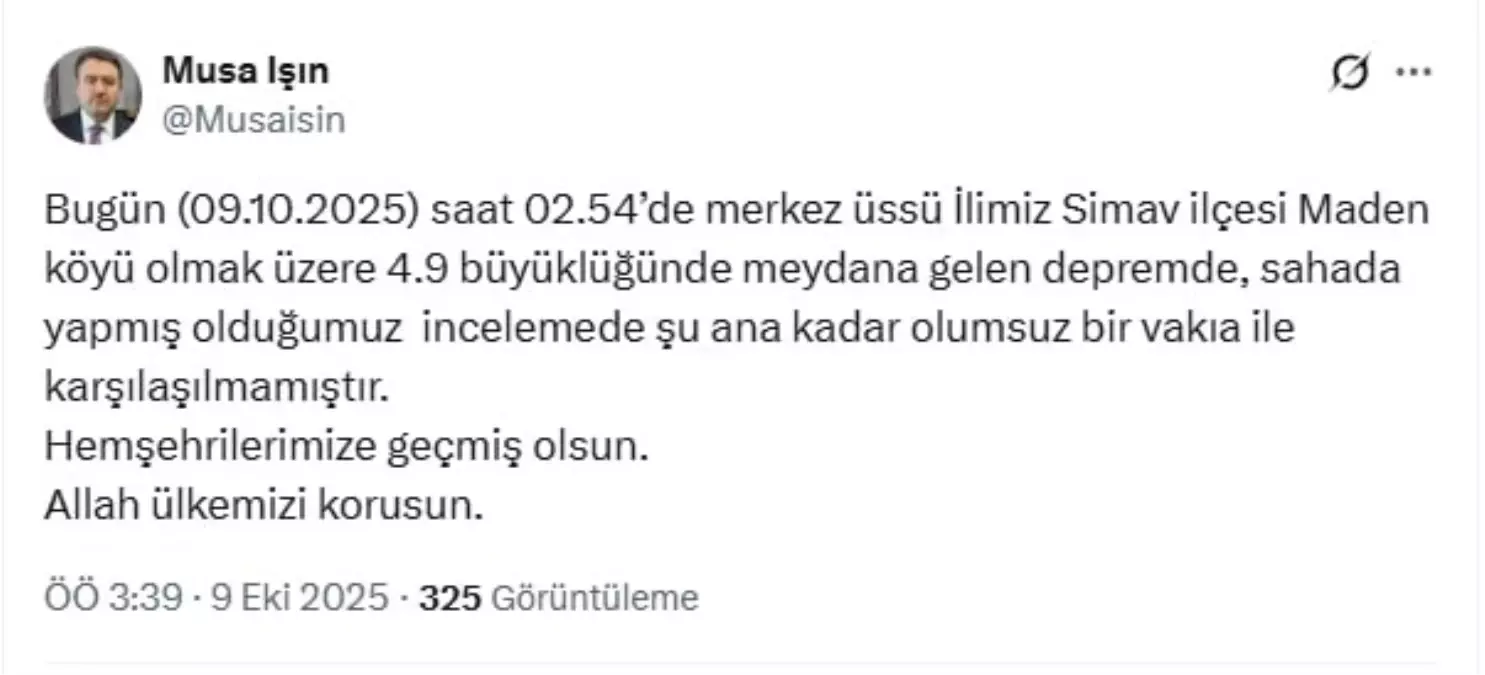 Vali Işın: Simav\'daki Depremde Olumsuz Durum Yok