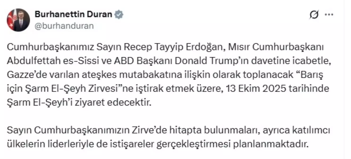 Cumhurbaşkanı Erdoğan, Barış Zirvesi İçin Mısır\'a Gidiyor