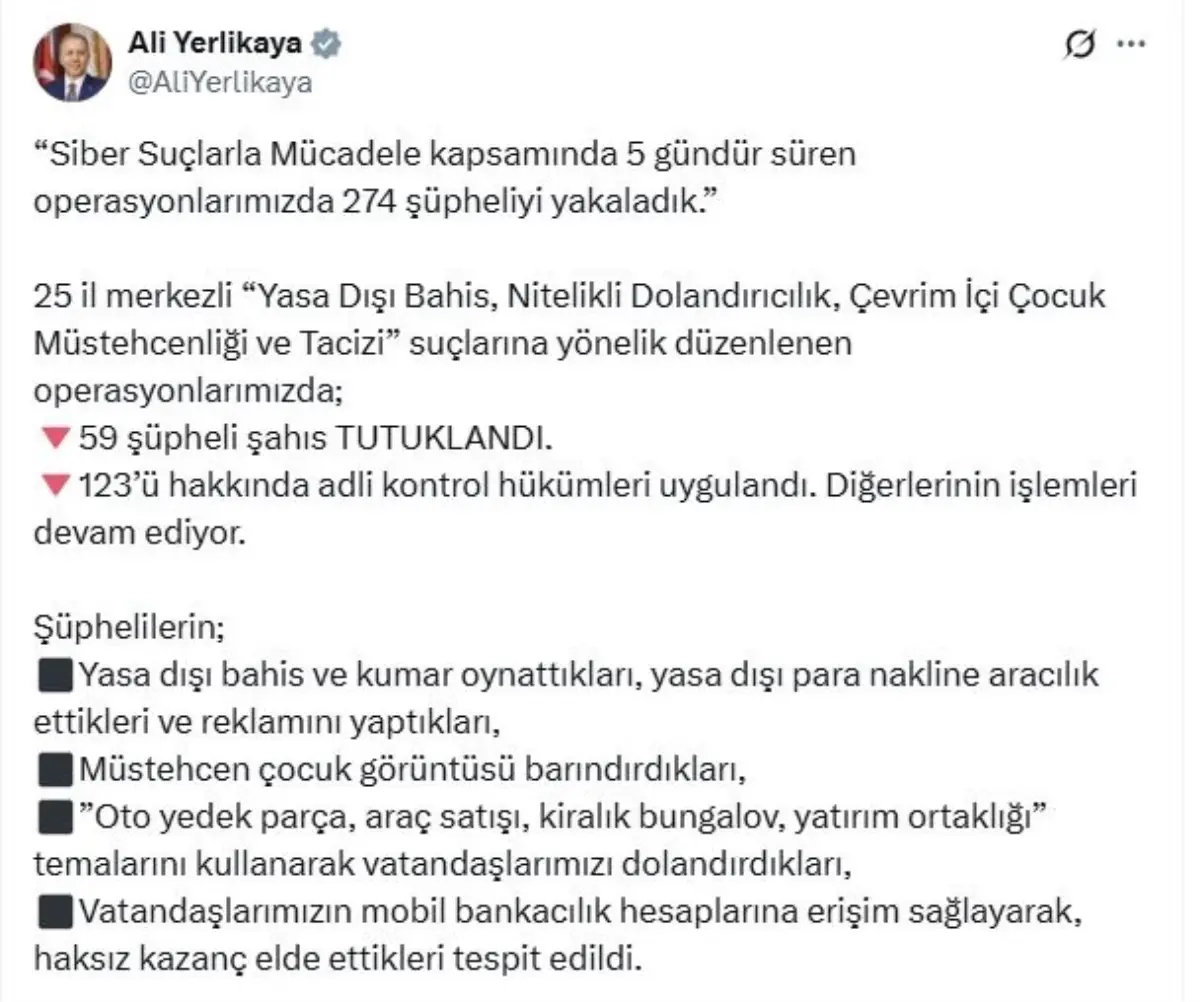 25 İl\'de Siber Suç Operasyonu: 274 Gözaltı