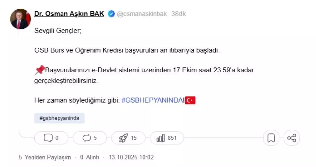 Gençlik ve Spor Bakanlığı 2025-2026 Eğitim Öğretim Dönemi Burs/Kredi Başvuruları Başladı