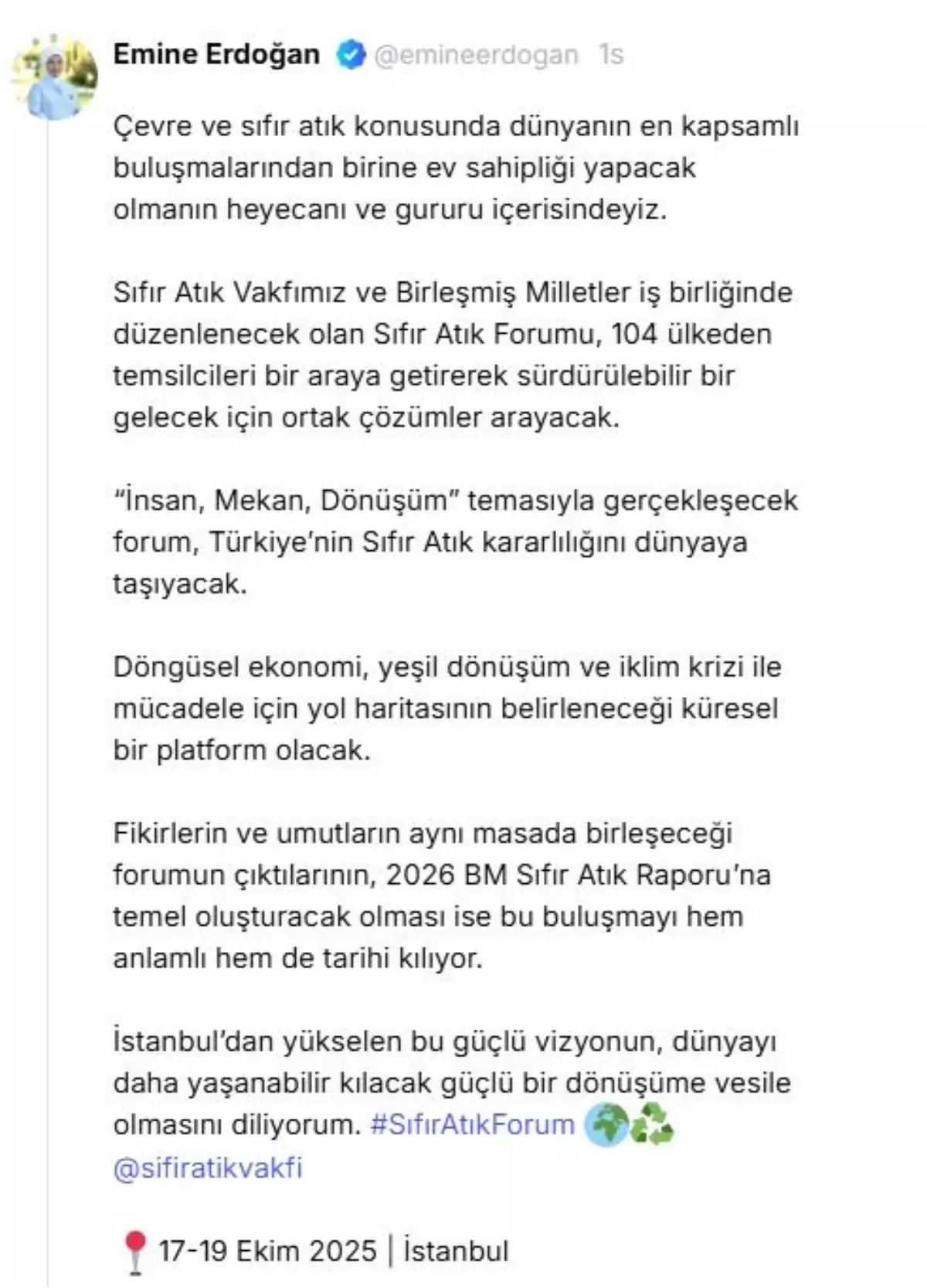 Emine Erdoğan\'dan "Sıfır Atık Forumu" paylaşımı Açıklaması