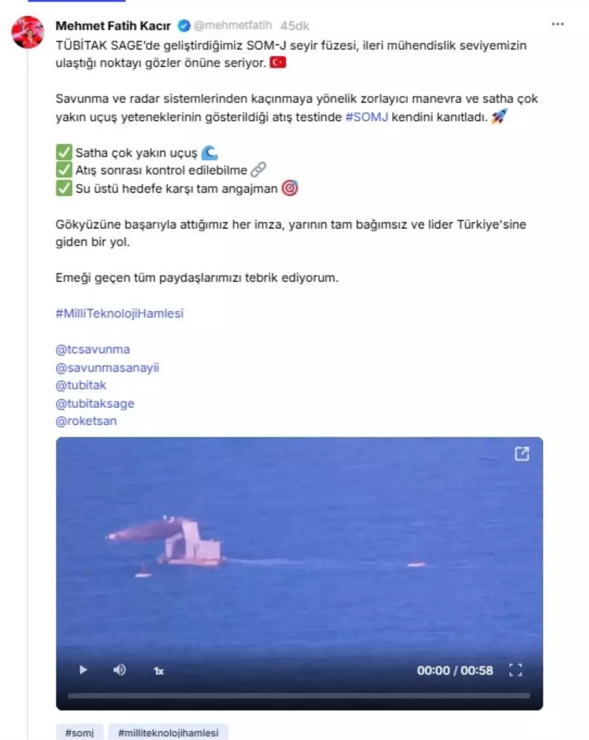 SOM-J Seyir Füzesi Testi Başarıyla Tamamlandı