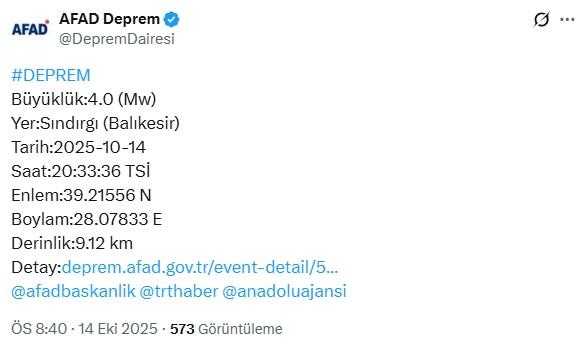 Balıkesir Sındırgı'da 4 büyüklüğünde deprem