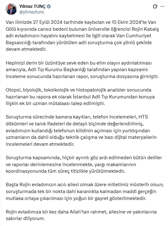 Adalet Bakanı Tunç'tan Rojin Kabaiş açıklaması: Adli Tıp'tan uzman mütaalası talep edildi Adalet Bakanı Tunç'tan Rojin Kabaiş açıklaması: Adli Tıp'tan uzman mütaalası talep edildi