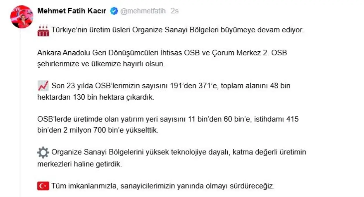 OSB Sayısı 23 Yılda İkiye Katlandı