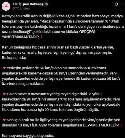 Hız sınırındaki yüzde 10 tolerans kalktı mı? İçişleri'nden açıklama var Hız sınırındaki yüzde 10 tolerans kalktı mı? İçişleri'nden açıklama var