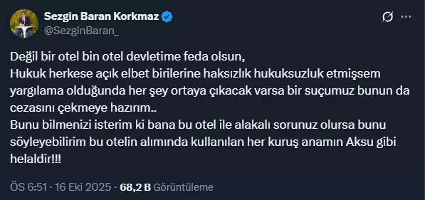 Hakkında gözaltı kararı verilen Sezgin Baran Korkmaz'dan açıklama var