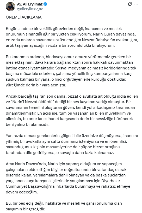 Narin cinayetinde Nevzat Bahtiyar'ın avukatı davadan çekildi