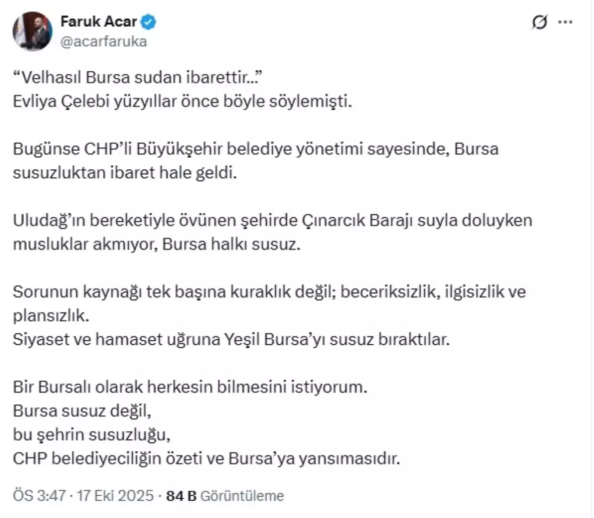 Bursa\'nın Susuzluğu CHP\'ye Atfedildi