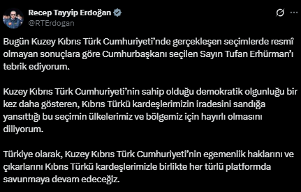 Cumhurbaşkanı Erdoğan'dan KKTC'de seçimi kazanan Tufan Erhürman'a tebrik