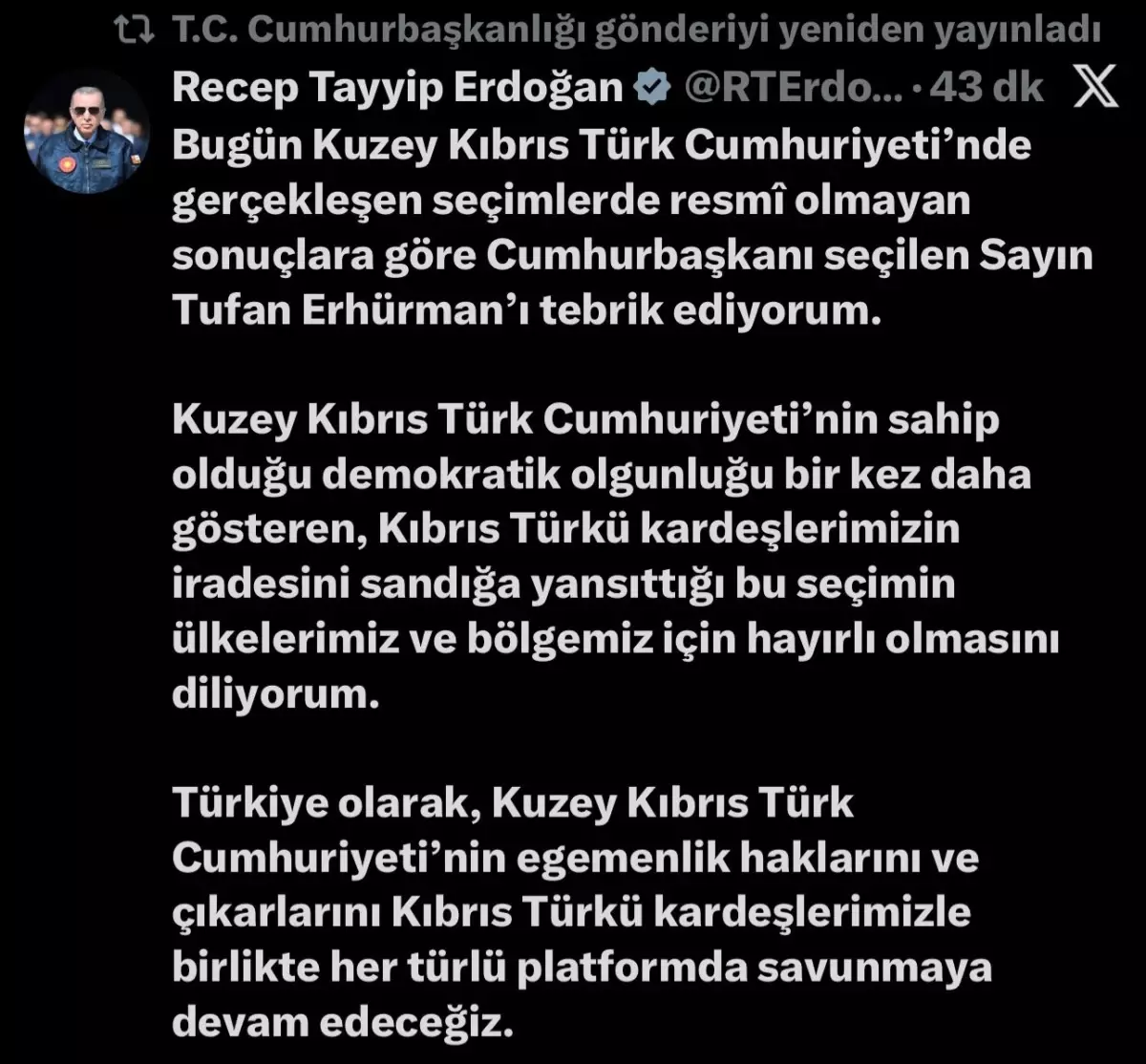 Cumhurbaşkanı Erdoğan, Tufan Erhürman\'ı Tebrik Etti