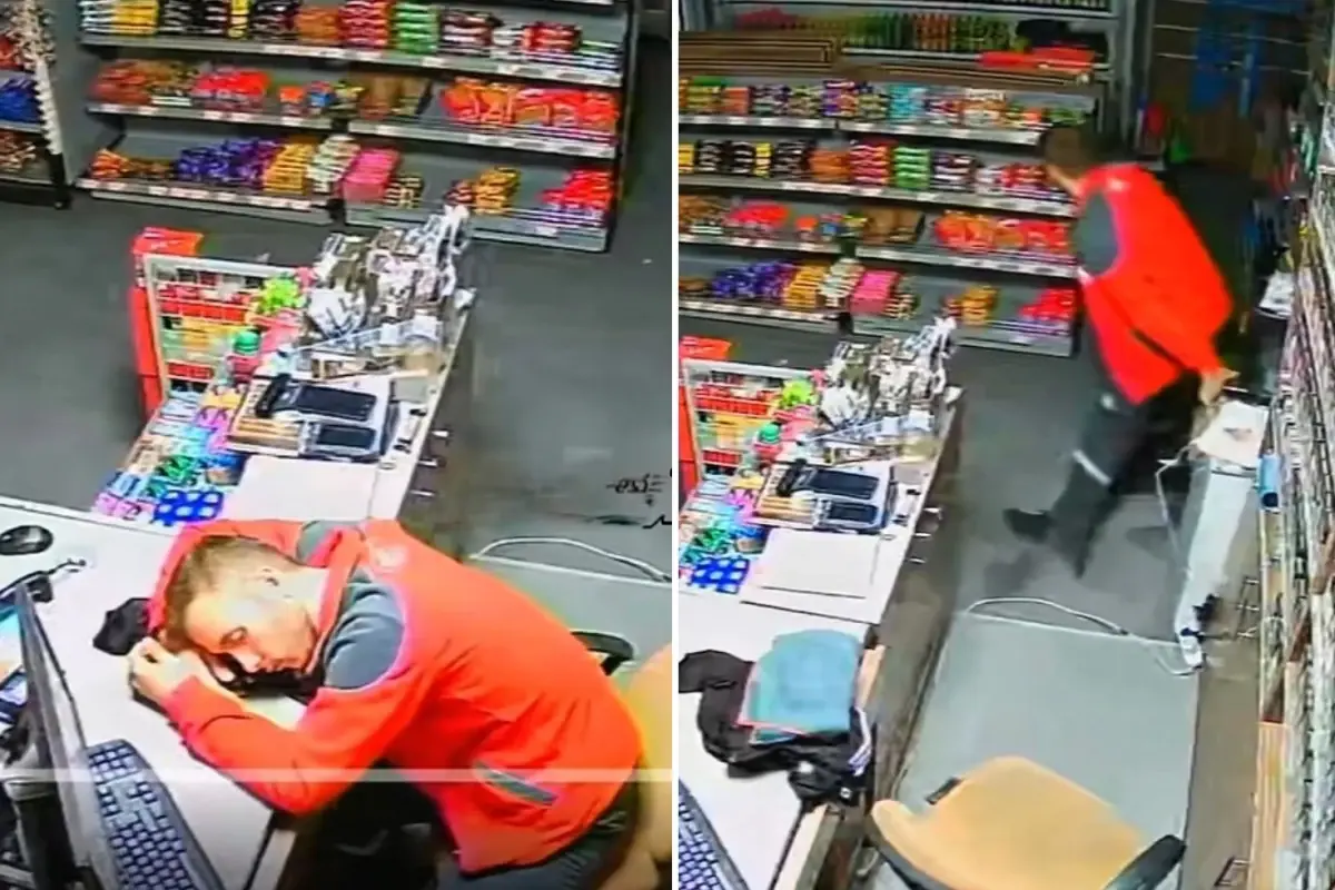 Benzin istasyonunda uyuyakalan çalışanın görüntüsü viral oldu