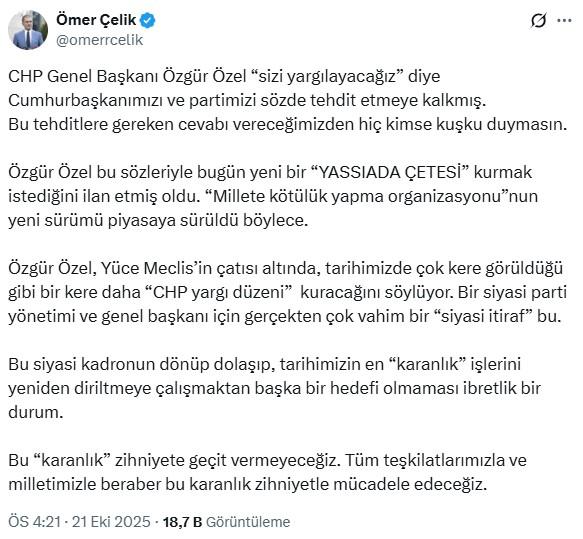 AK Parti Sözcüsü Çelik'ten Özgür Özel'e: Yeni bir Yassıada Çetesi kurmak istediğini ilan etti AK Parti Sözcüsü Çelik'ten Özgür Özel'e: Yeni bir Yassıada Çetesi kurmak istediğini ilan etti