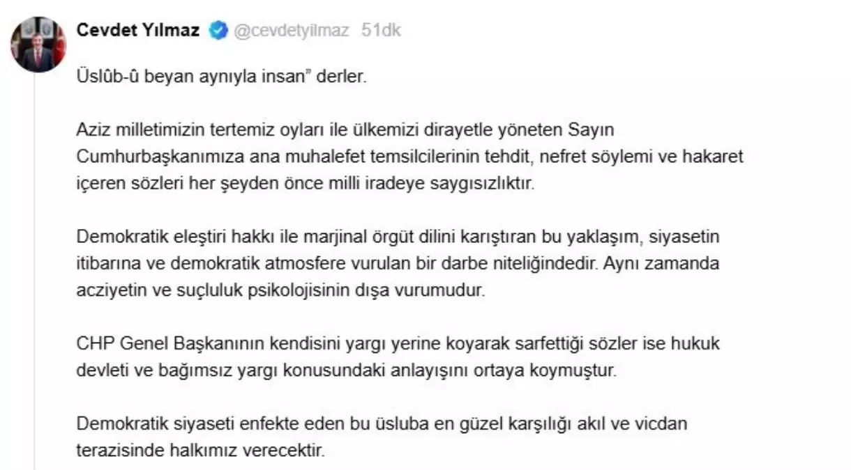 Cevdet Yılmaz\'dan CHP Liderine Tepki: \'Milli İradeye Saygısızlık\'