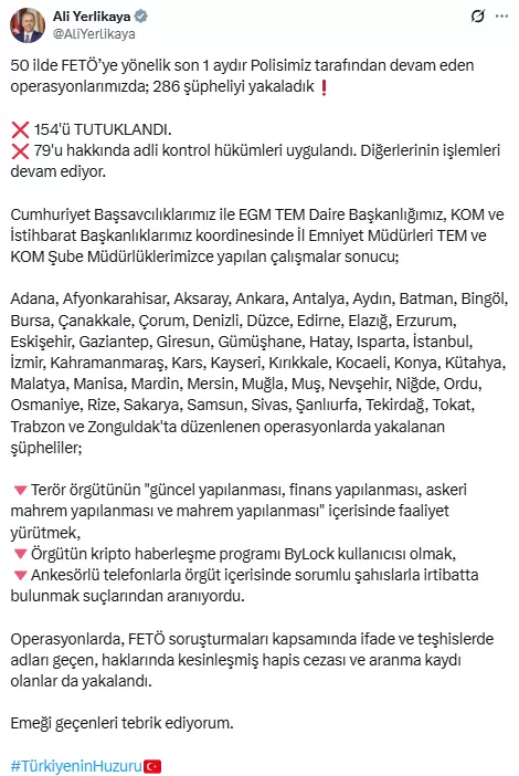 FETÖ'ye Yönelik Operasyonlarda 286 Şüpheli Yakalandı