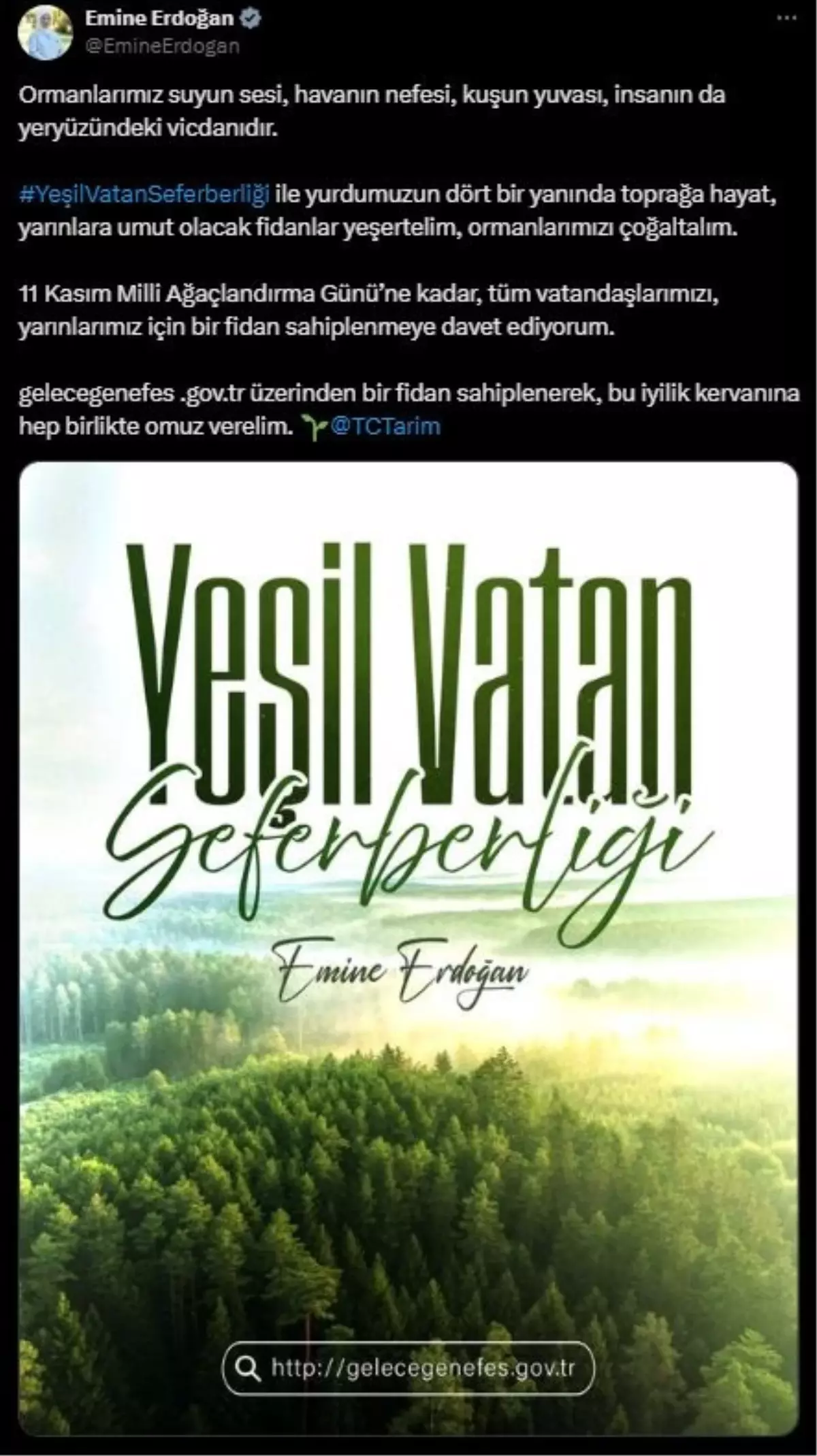 Emine Erdoğan\'dan Fidan Sahiplenme Çağrısı