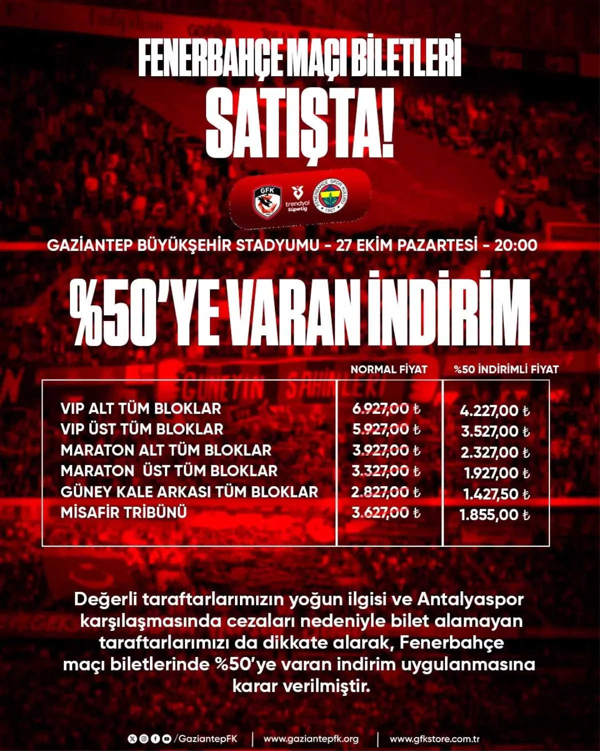 Gaziantep-Fenerbahçe Maçında Yüzde 50 İndirim