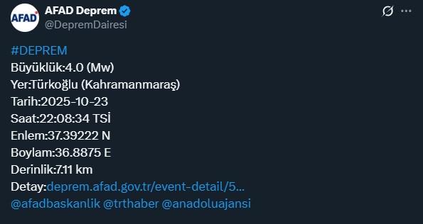 Kahramanmaraş'ta 4 büyüklüğünde deprem