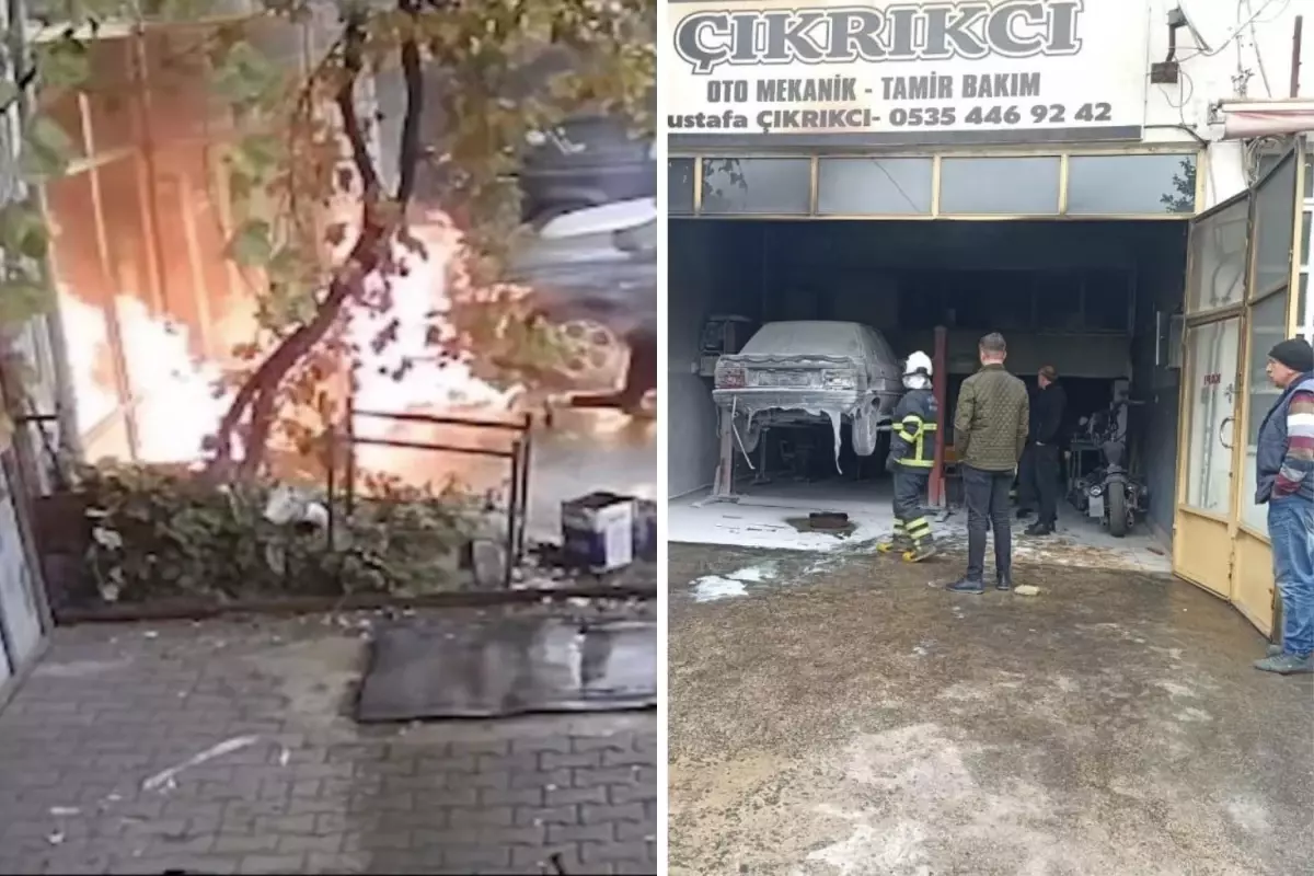 Oto tamirhanesinde dehşet anları: Yanmaktan böyle kurtuldular