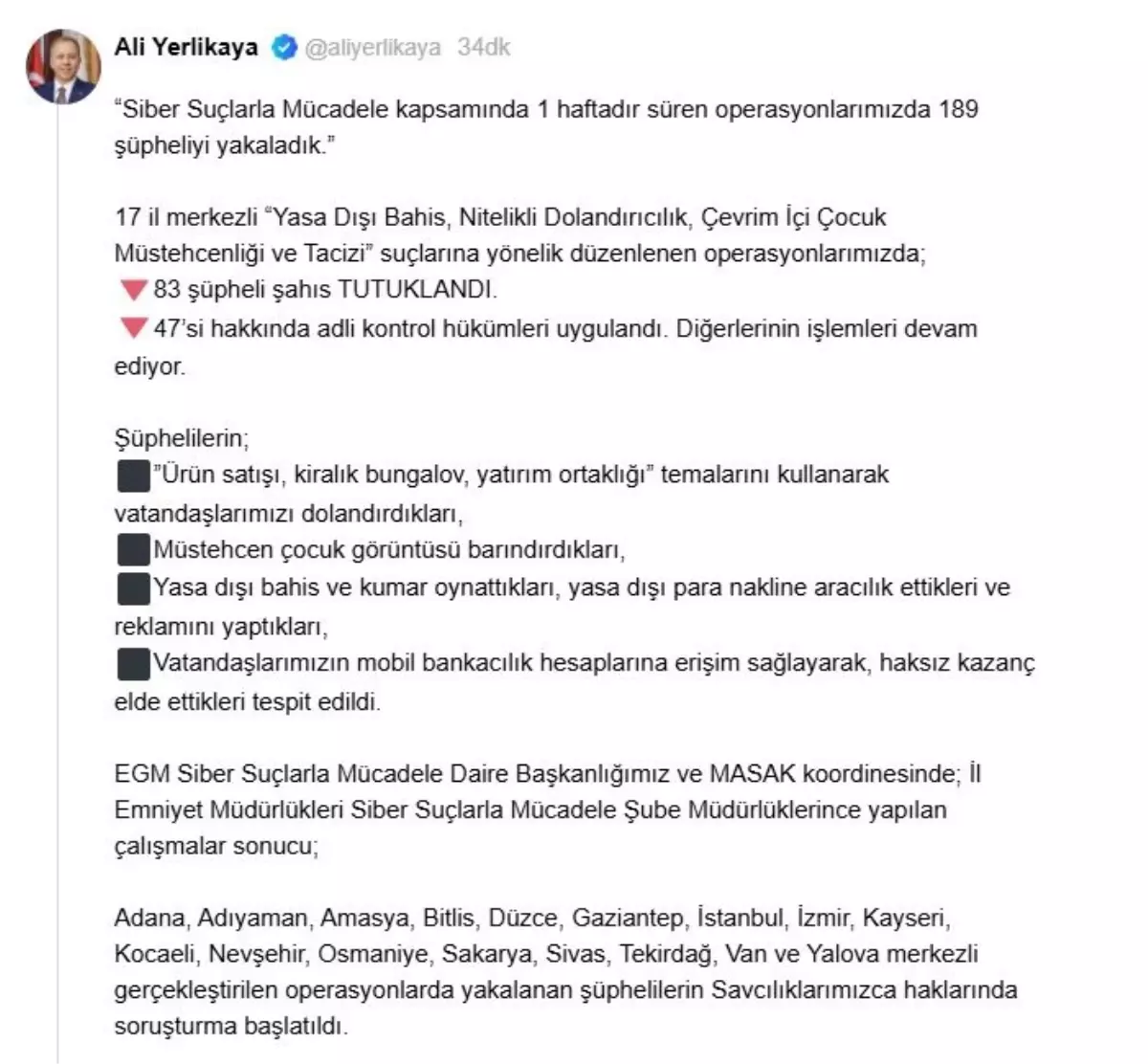 Siber Suçlara Operasyon: 189 Gözaltı