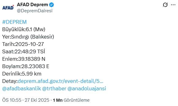 Balıkesir Sındırgı'da 6.1 büyüklüğünde deprem Balıkesir Sındırgı'da 6.1 büyüklüğünde deprem