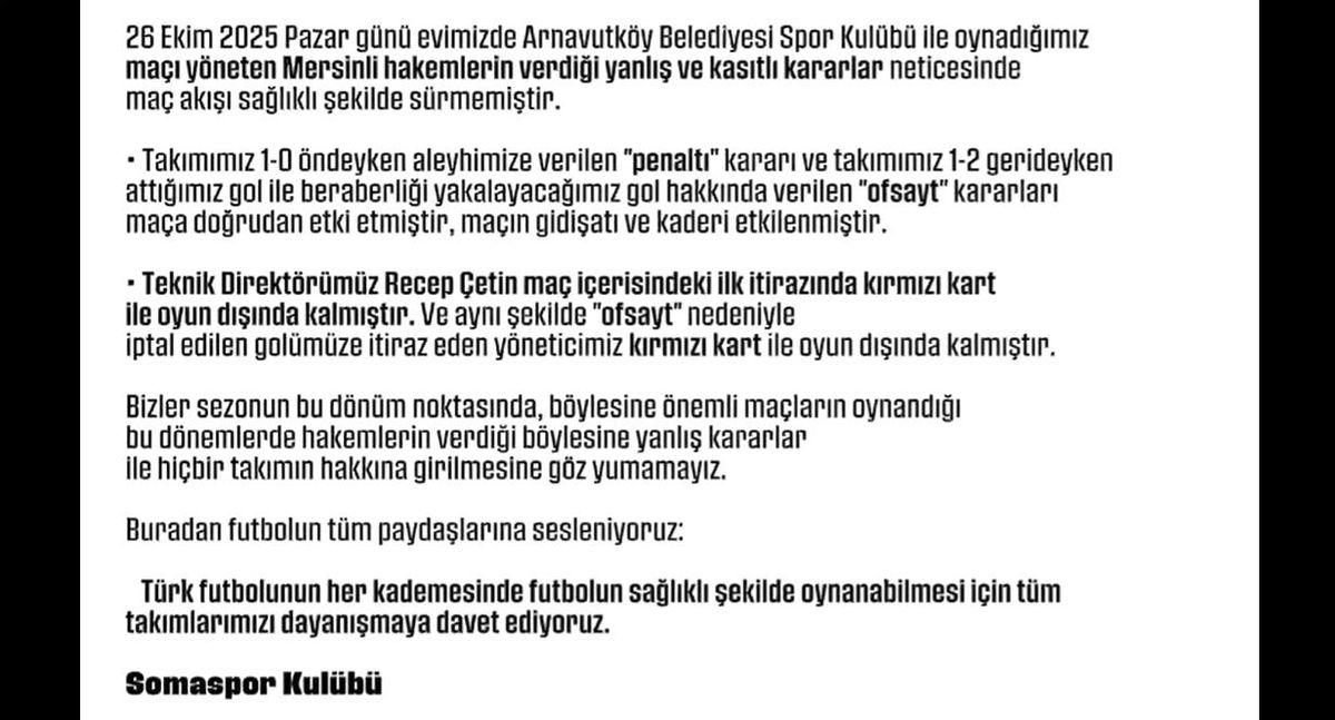 Somaspor Yönetimi Hakem Kararlarına Tepki Gösterdi